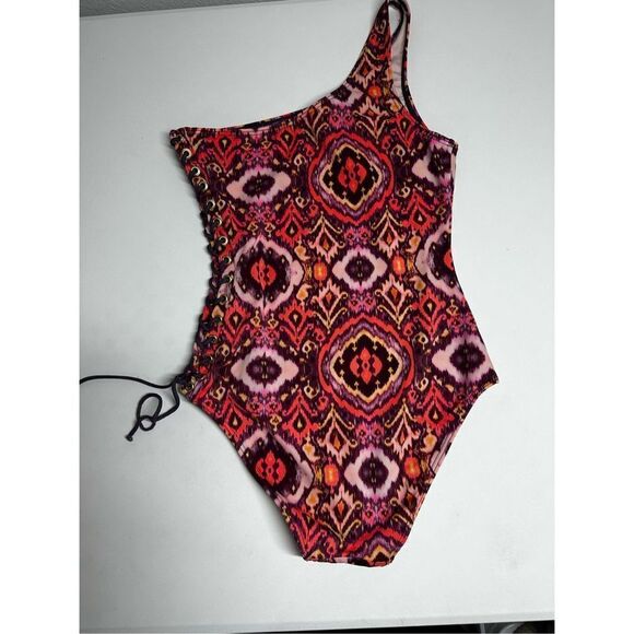 Victoria's Secret Red Pink Paisley One Shoulder Side Lace Up One Piece Swimsuit - Picture 8 of 9